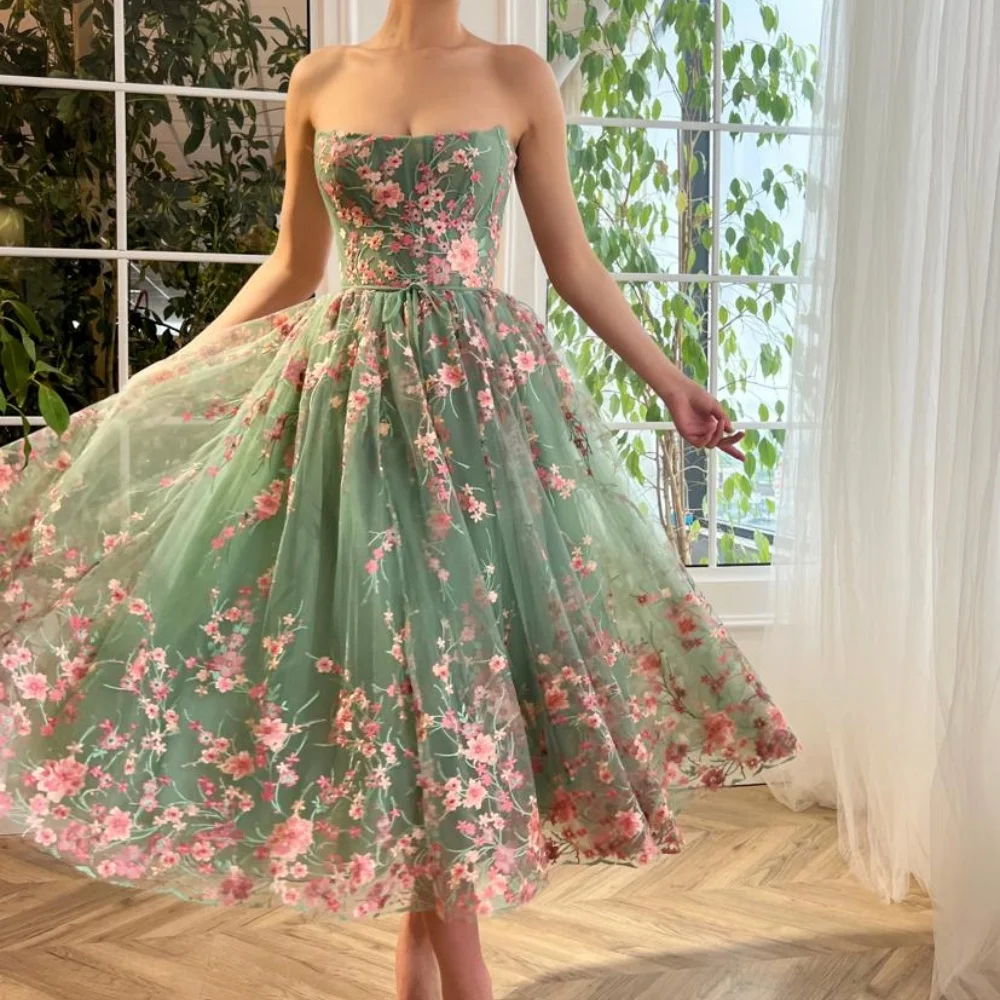 Bella personalizado flores verdes bordado sin tirantes robes de soirée vestidos de noche sin mangas hasta el tobillo vestido de novia 2024