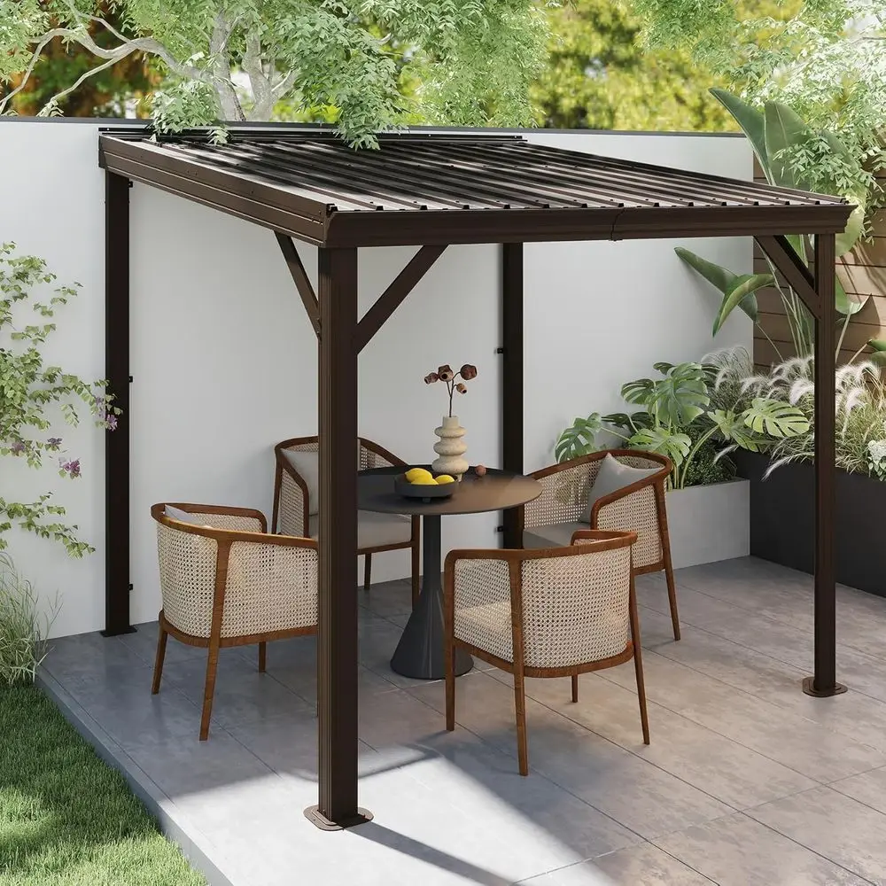 8'x8' Expandable Hardtop Gazebo with Wall-Mounted Pergola, Gutters & Galvanized Steel Roof, 60MPH Wind Resistance, Heavy Duty Ou
