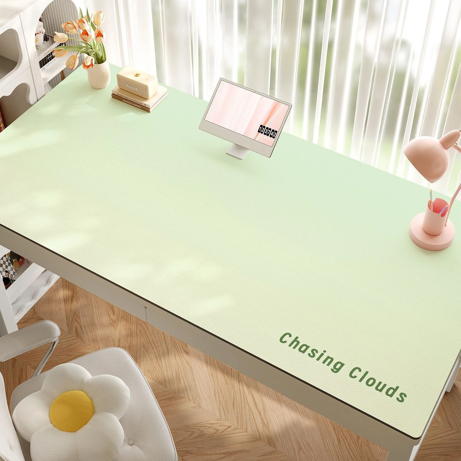 Leather Desk Pad Protector Gradient Pink Blue Green Y2K Kawaii Mouse Pad Office Desk Mat Waterproof Non-Slip PU Desk Blotter Pad