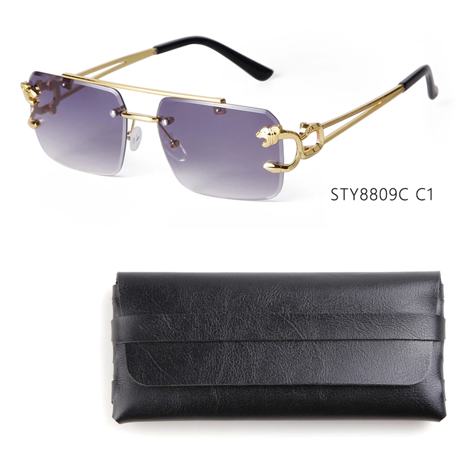 

Luxury Double Bridge Pilot Sunglasses with Soft PU Leather Bag Case Famous Brand Designer Leopard Head Sun Glasses for Women Men