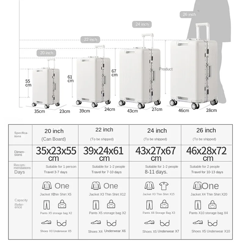 الألومنيوم الإطار حقيبة 26 بوصة سعة كبيرة السفر الأمتعة 20 بوصة المقصورة حقيبة تروللي بعجلات للجنسين قفل مجمع حقيبة
