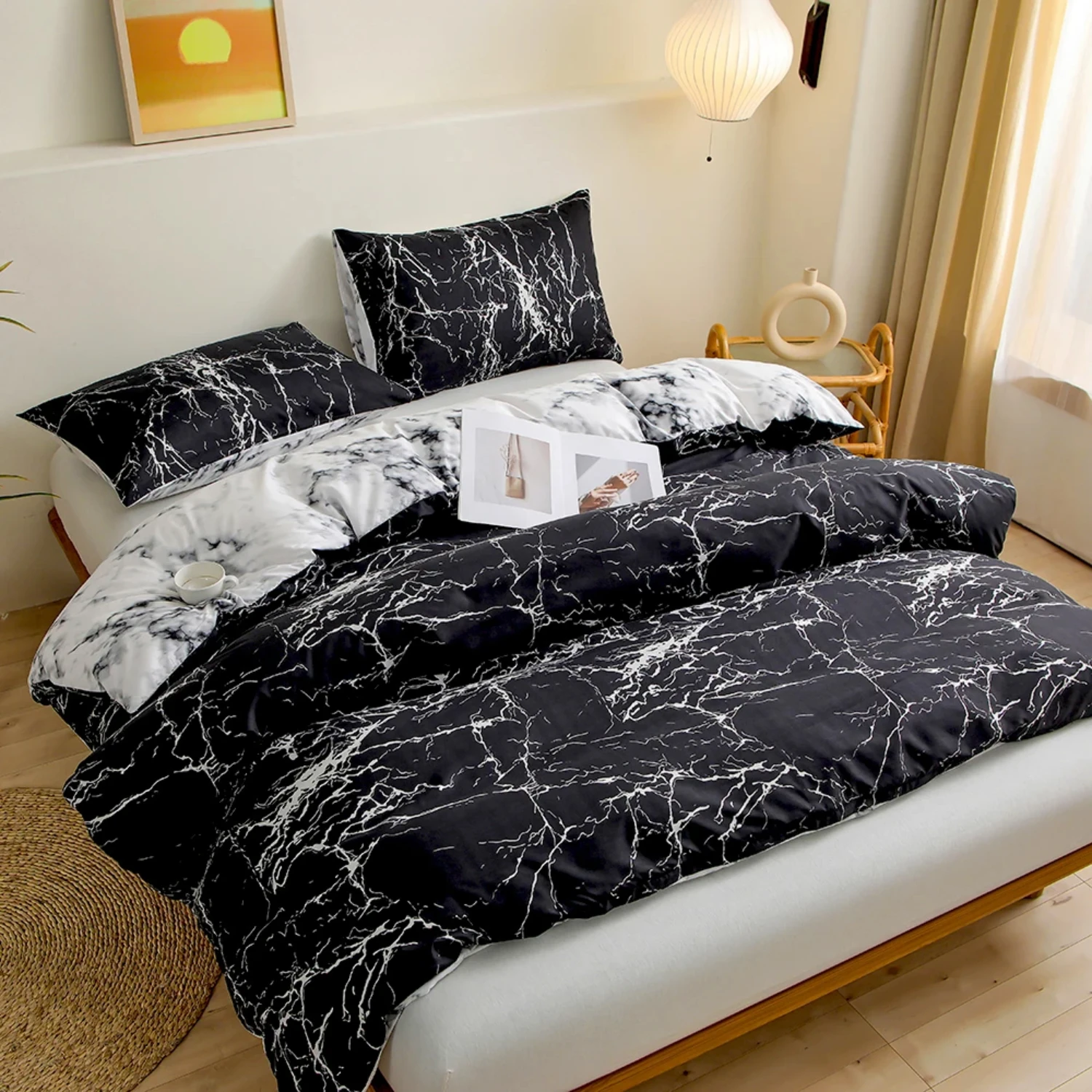 Elevate Your Bedroom with Opulent Luxurious Black Marble Patterned Bedding Set for an Unparalleled Sleep Experience. Create a St