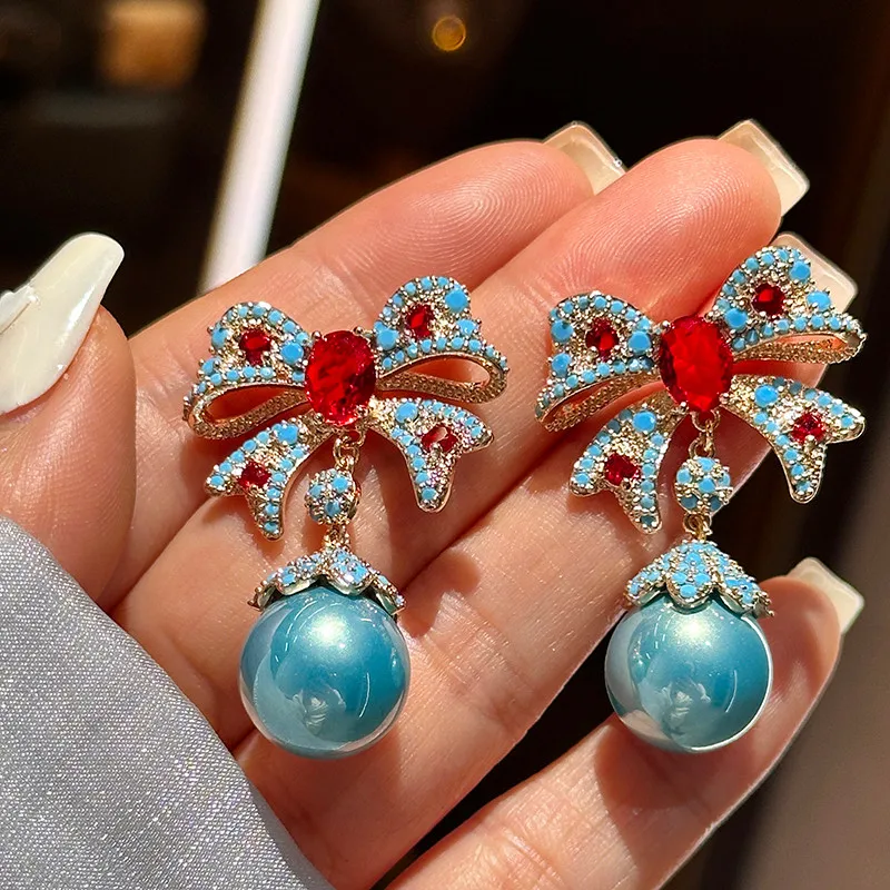 Fashion temperament Luxury zircon bow pearl exquisite earrings