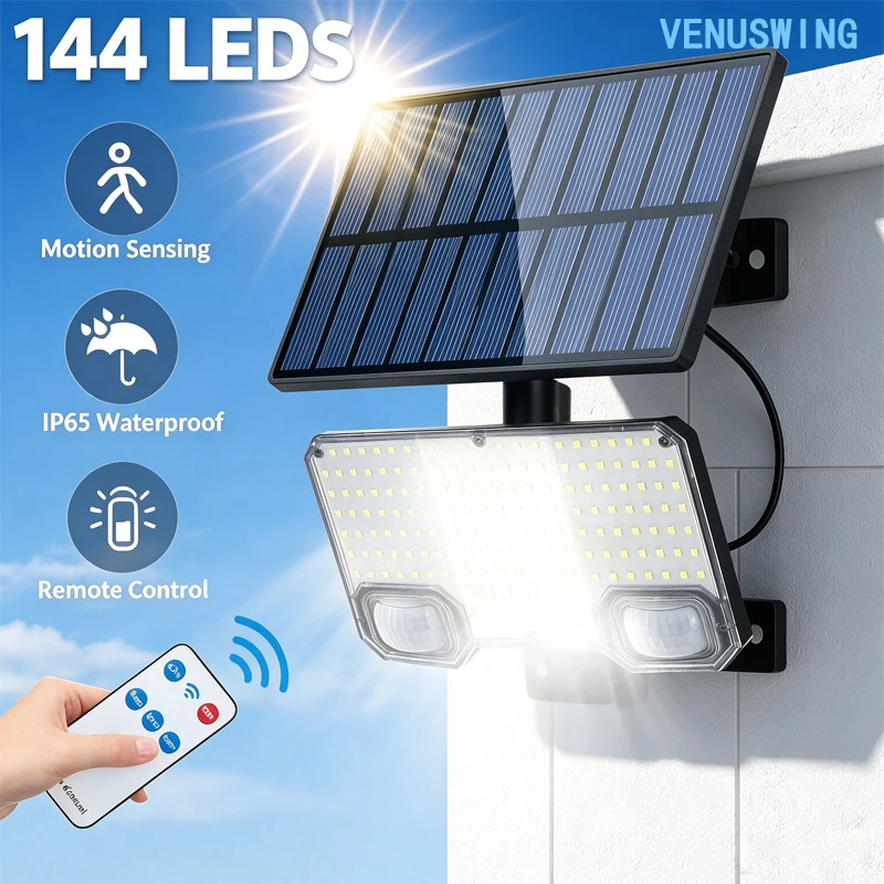 Outdoor Solar Wall Lamp 144LED Dual Sensor Head 1200mAh Battery IP65 Waterproof LED Light 3 Mode Auto on Off for Courtyard