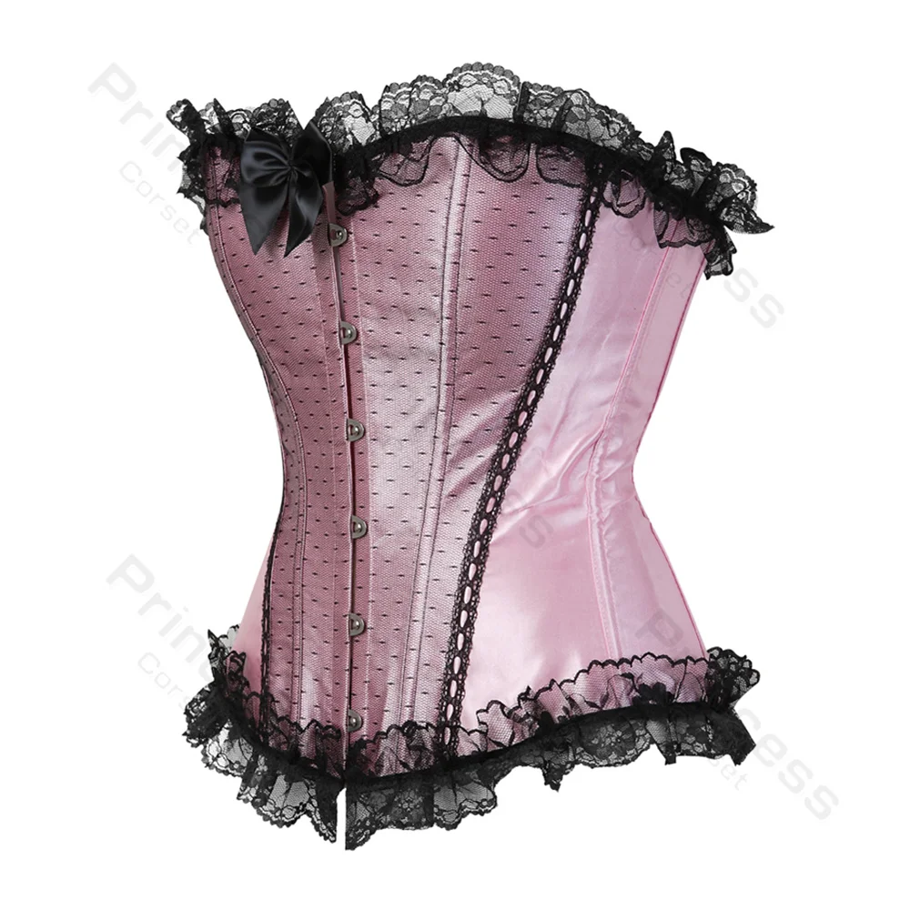 Pink Corset Bustier Top Victorian Overbust Princess Corset Lace Trim Showgirl Lingerie Costume Corsets for Women Plus Size