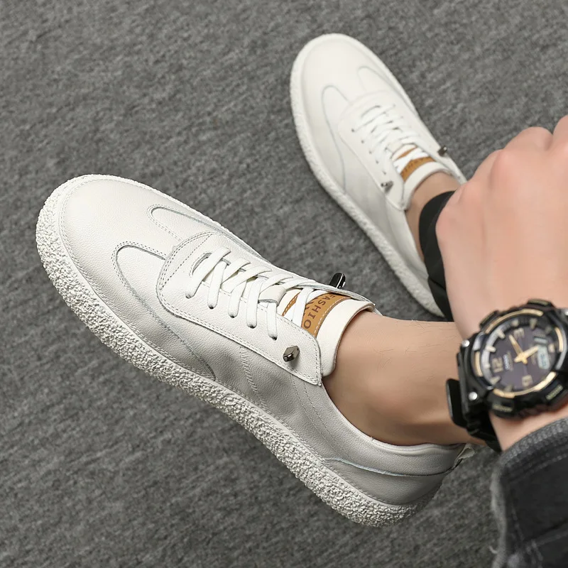 أحذية جديدة للرجال أحذية كاجوال من جلد البقر أحذية تزلج مسطحة بيضاء رائعة برباط علوي #3