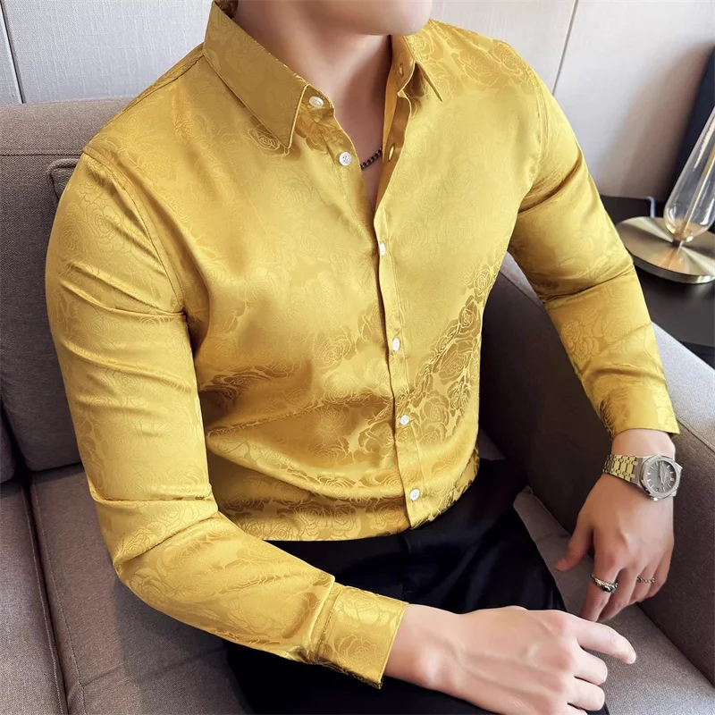 Long Sleeved Rose Lapel Collar Shirts in Black / White / Gold, Fashion Men Business Social Wedding Party Luxurious Dress Tops