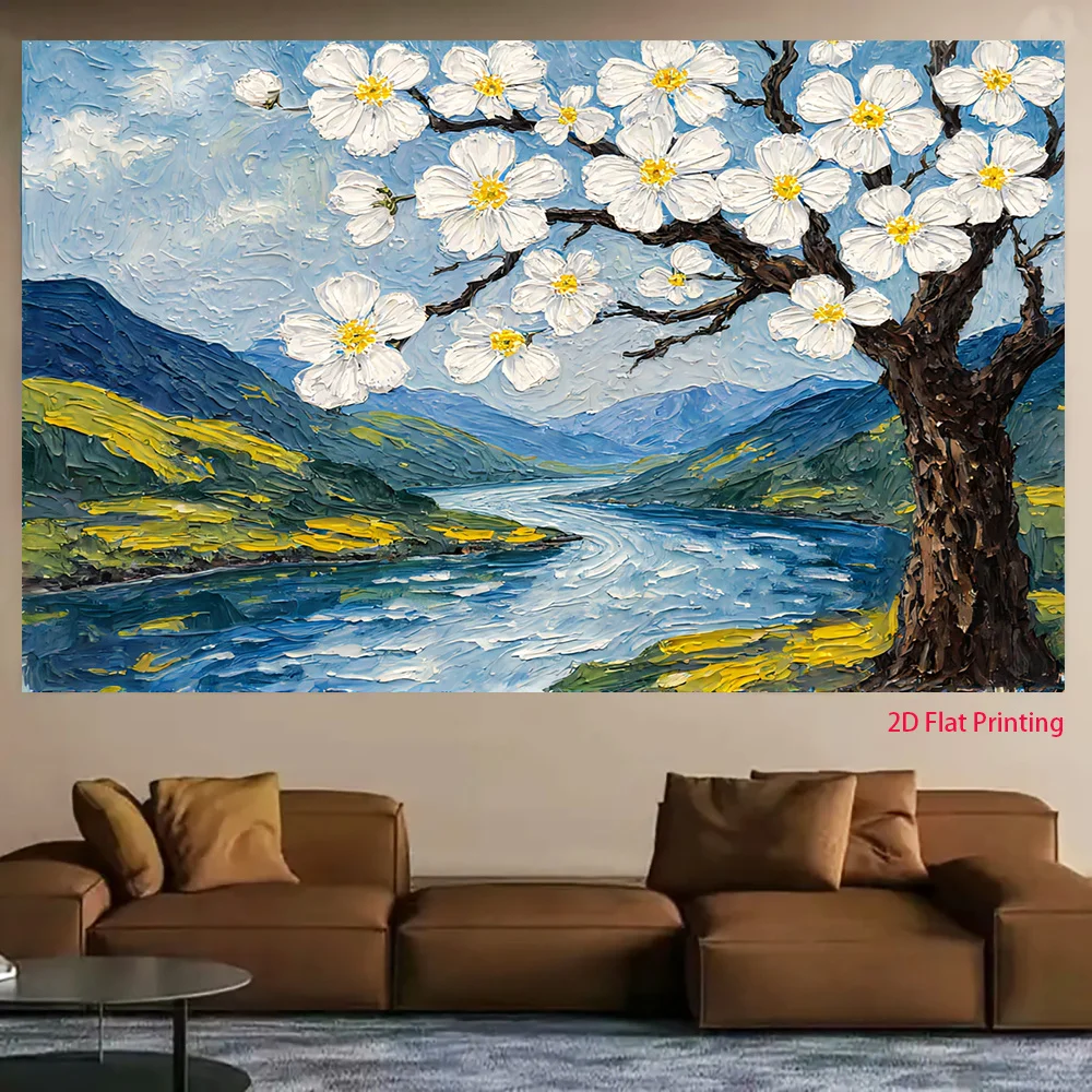 Oil Painting Style Blossom Tree Tapestry River Valley Landscape Wall Hanging for Living Room Bedroom Decor Spring Floral ArtGift