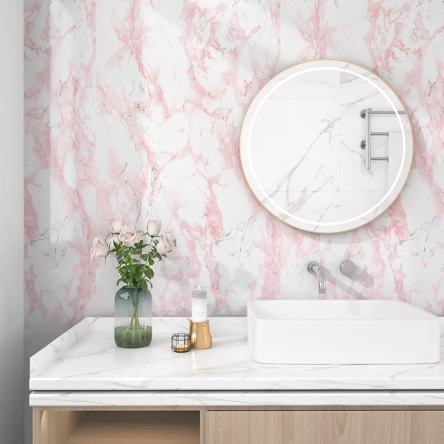 55cm Glossy Pink Marble Contact Paper Self-Adhesive Removable Kitchen CountertopGranite Wallpaper Waterproof Oil Proof Sticker