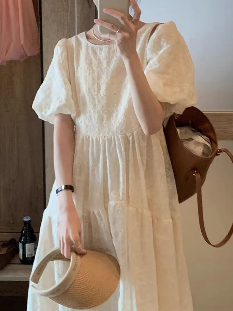 Korean Fashion Off-white Dress Women Summer Embroidered Midi Dress Female Elegant Vintage Loose Casual Puff Sleeve Party Dress