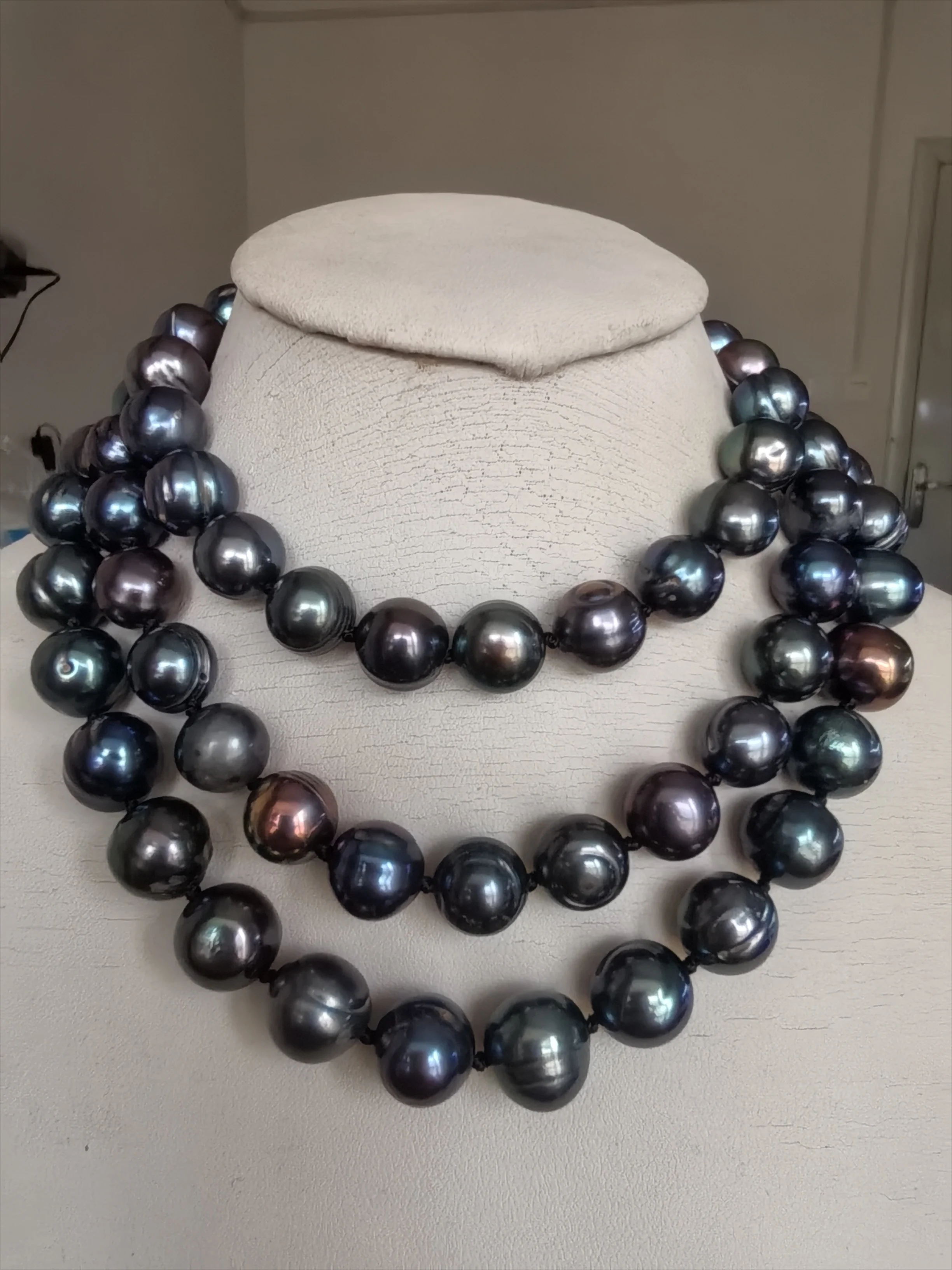 long Baroque AAA+11-12mm Natural seawater tahitian black Blue Pearl Necklace 17-19inch