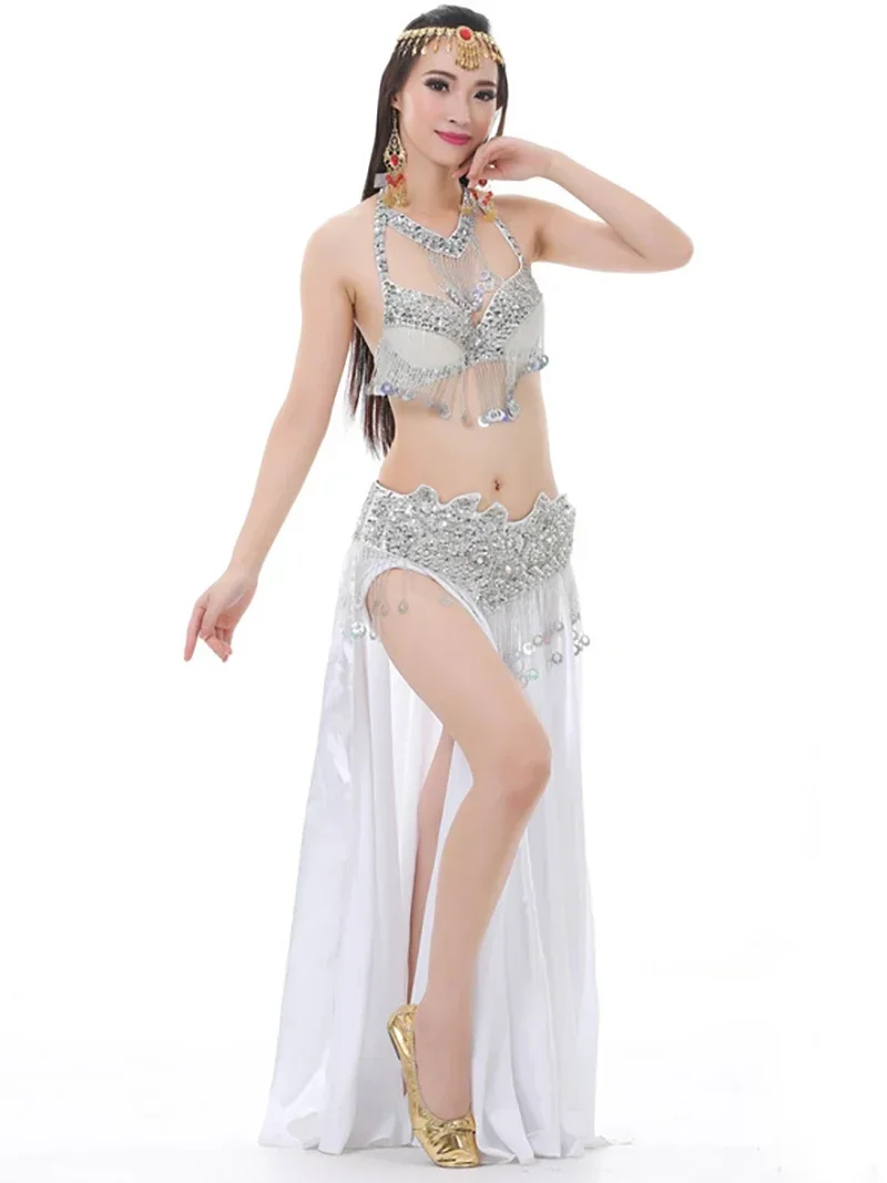 

Adult Women Indian Dancewear Belly Dance Costume Beading Sequin Diamond Embroidery Stage Performance Set Female Rave Outfits