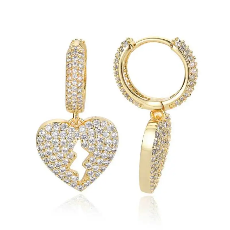 Hip Hop Ice Crystal Sparkling Zircon Love Pendant Earrings for Men Boys Fashion Cool Jewelry Gifts