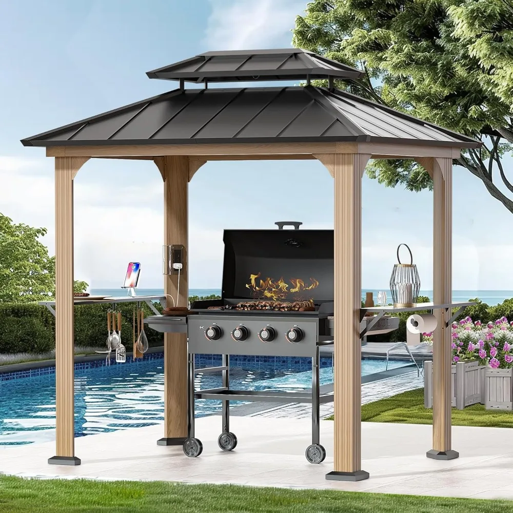 6' X 8',  Shelves and Paper Towel Holder, Grill Canopy with Galvanized Steel Roof, Grill Gazebo with Charging Ports for Patio