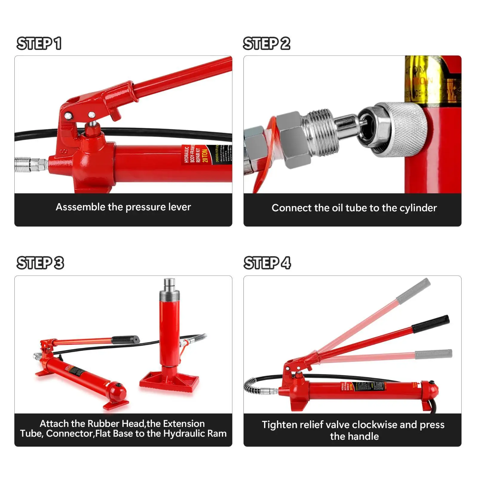 20 Ton Kit, Portable Hydraulic Jack with1.43 m Oil Hose, Car
