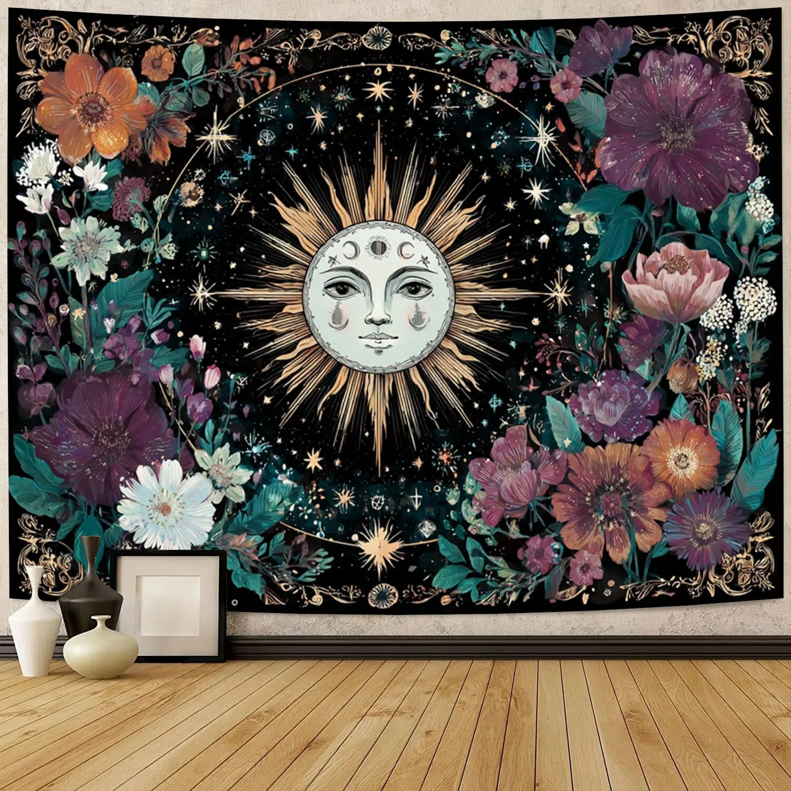 Boho Celestial Astrology Tapestry Boho Cosmic Floral Wall Hanging Zodiac Witchy Decor Dark Academia Mystic Sun Moon Tarot Poster