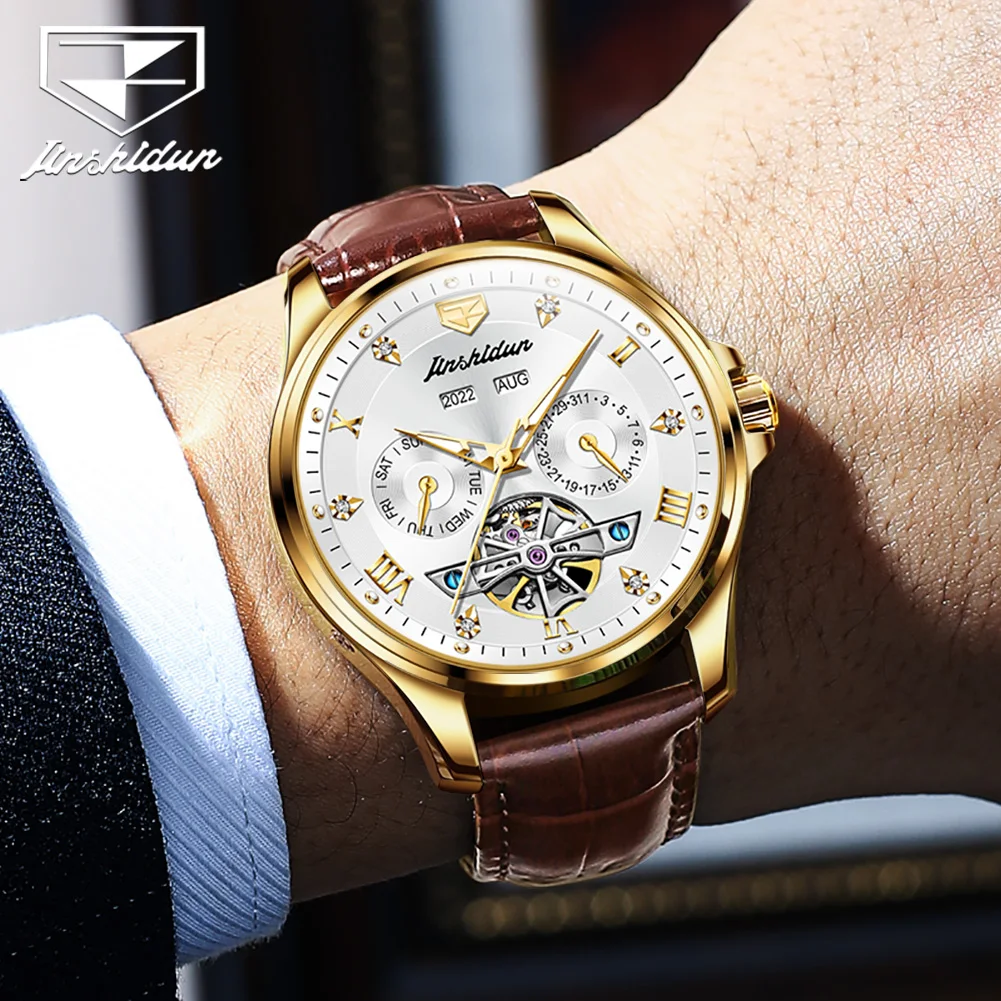 JSDUN 8926 Automatic Men\'s Watches Skeleton Design Waterproof Leather Strap Luxury Top Brand Men Wristwatch Genuine Original