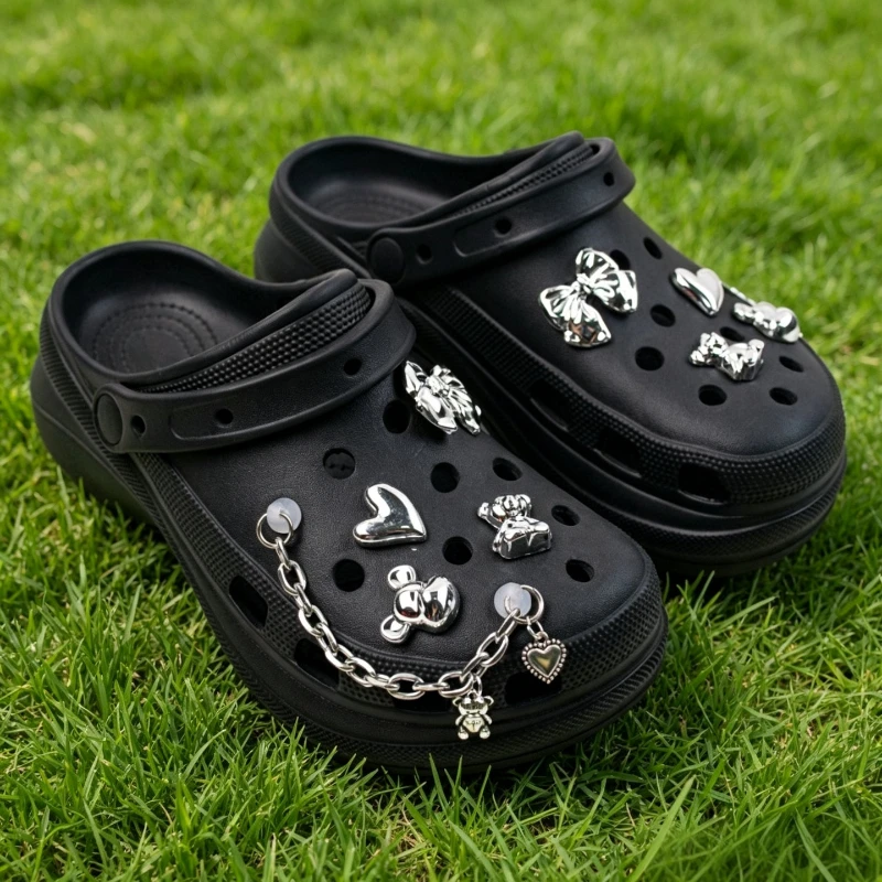 Silver Electroplated PVC Shoe Charms Bow Heart Chain Shiny DIY Hole Sandal Decor Cute Ornaments Summer Gift for Girls Women Teen