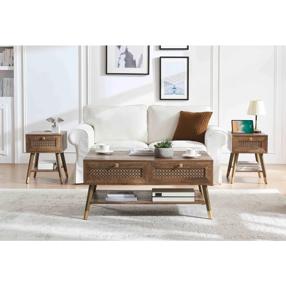 Mid Century Modern Coffee Table with Storage Drawers & Open Shelf, Solid Wooden Boho Rectangle Table with Metal Legs Designed fo