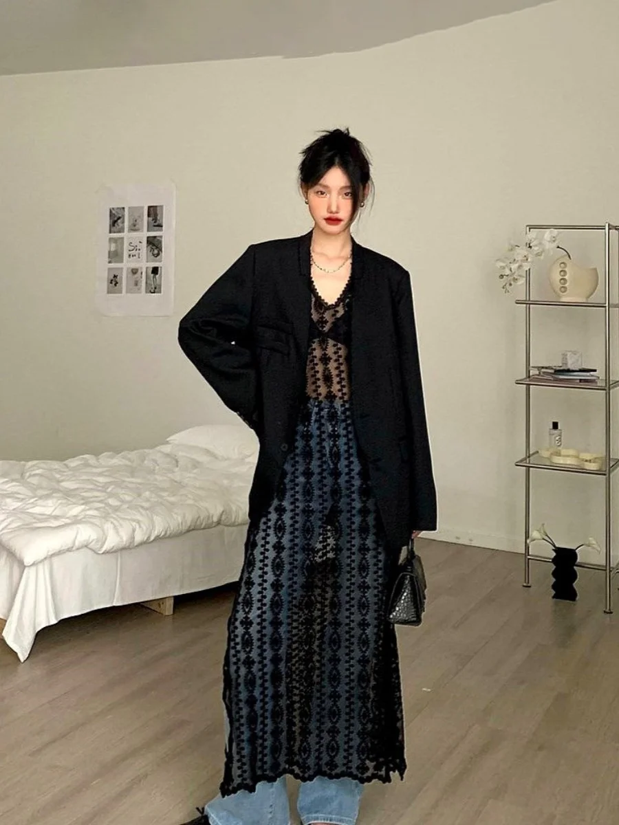 

Cold Tone Loose Black Lace Base Skirt Dress Korean Style Polyester Fiber Long Sleeve Spring Summer Fashion Casual Dress