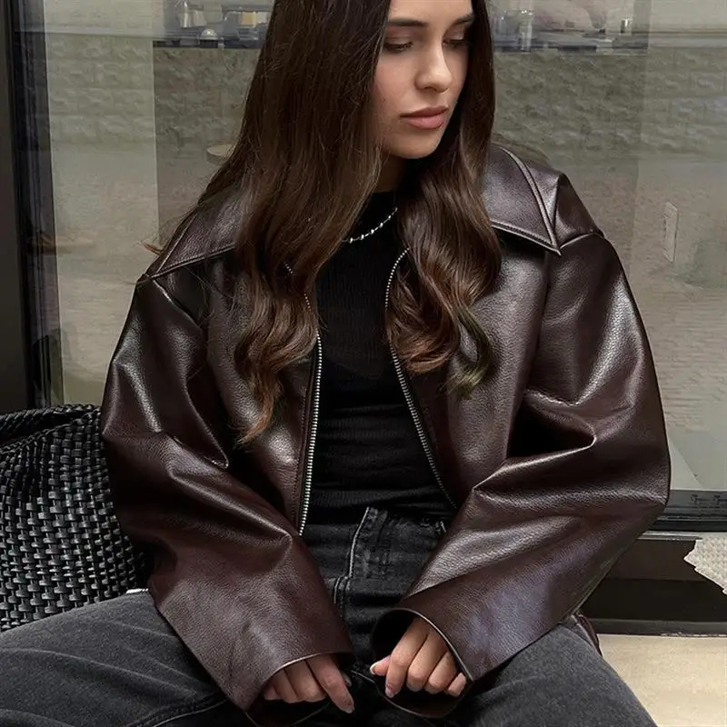 

Loose Motorcycle Style PU Leather Jacket Women's Autumn Winter Outerwear Zipper Closure Fashionable Commute Design Long Sleeve