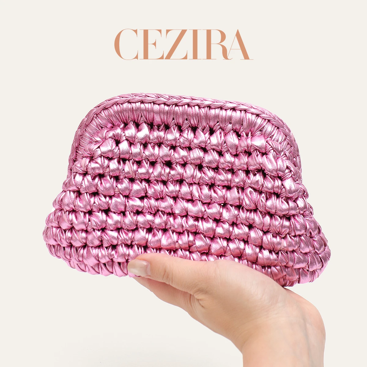 CR Damen Luxus-Handtasche in Metallic-Farbe, Gewebte Clutch-Tasche mit Metallrahmen-Verschluss, Tragbare Handtasche für Urlaub und Pendeln