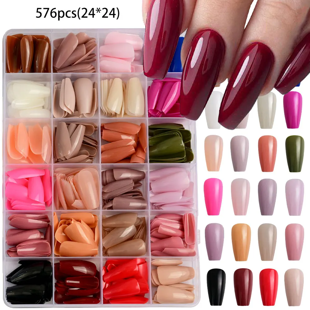 576pcs/box Glossy Medium Coffin Press On Nails 24 Colors Full Cover Ballerina Fake Nails Acrylic Artificial False Fingernail Dec