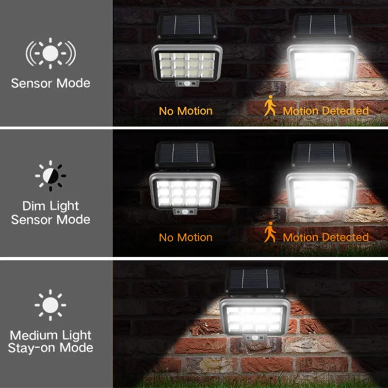 مصباح متحرك يعمل بالطاقة الضوئية مصباح لجهاز الاستشعار في الهواء الطلق 3 وضع العمل السلكية مصباح لوحة شمسية قابلة للتعديل الأمن الأضواء الكاشفة لحديقة ساحة المرآب