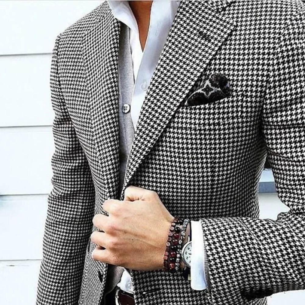 

Mens Checkered Suit Houndstooth Custom Made Men Dress Suits,Tailored Casual Men Suits Weave Hounds Tooth Check Only One Jacket