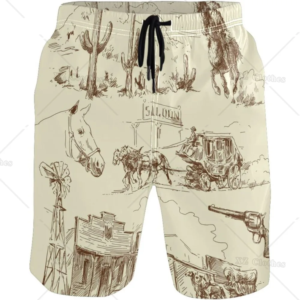 Horse and Gun Print Men's Novelty Swim Trunks Quick Dry Swim Shorts with Mesh Lining and Pocket for Party Holiday