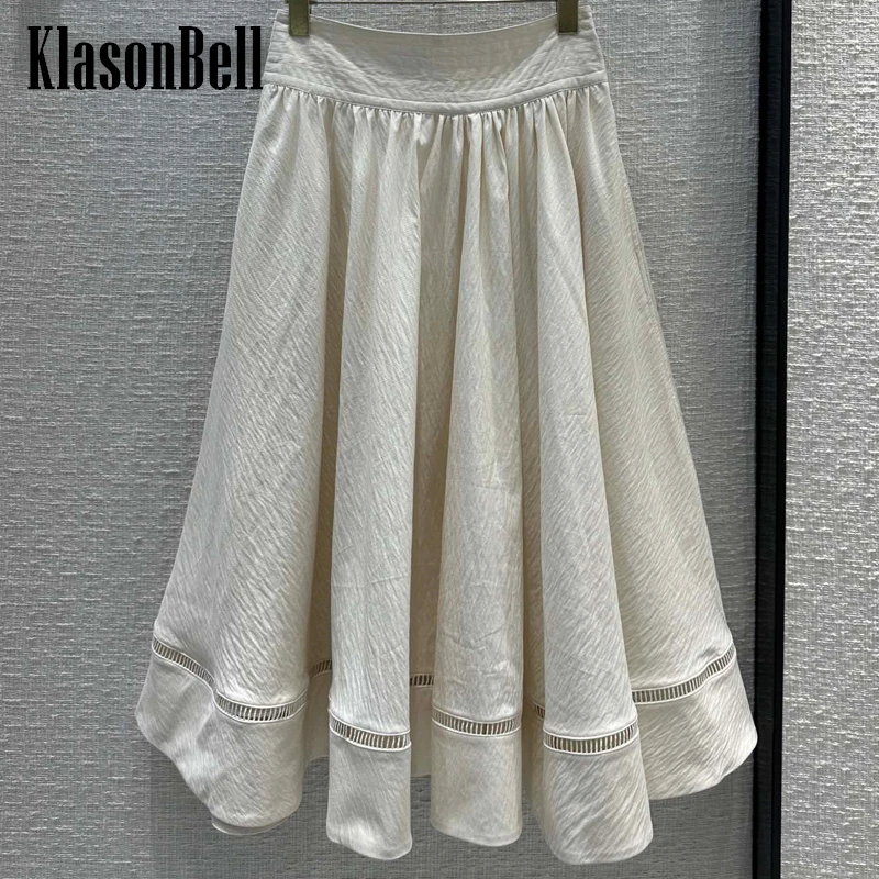 

5.28 KlasonBell High Quality 100% Cotton Solid Color Skirt Wide Waist Sewing Pleated Cut-Out Holiday Casual Midi Skirt Women