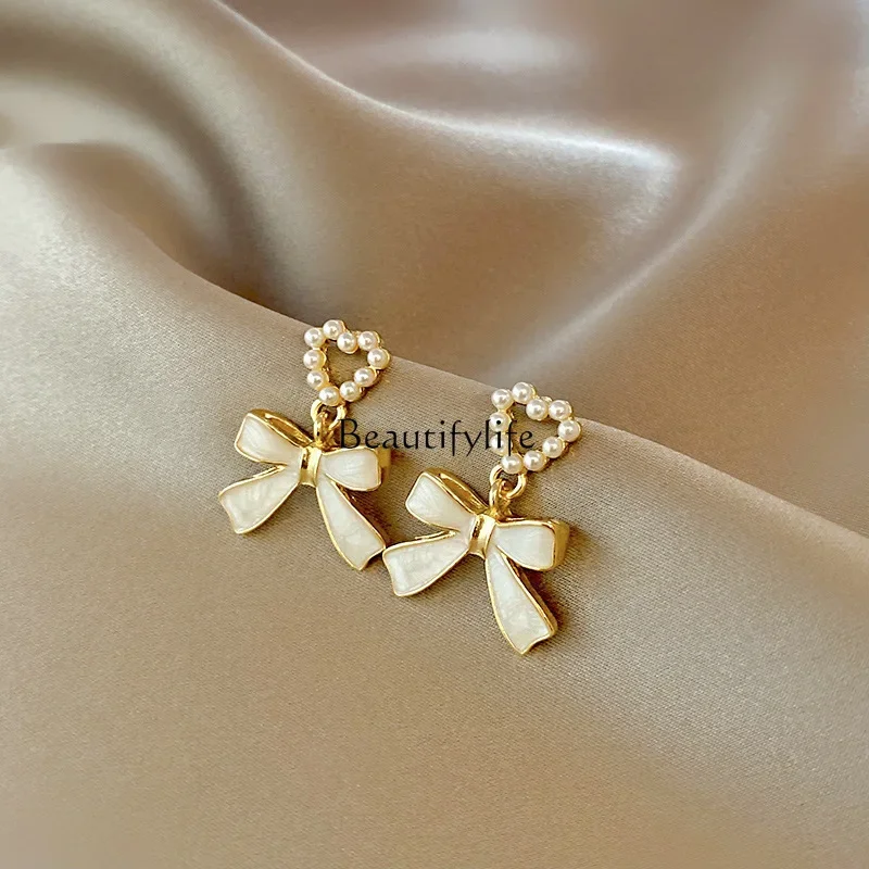 

S925 Silver Bow Oil Drop Earrings Women's Tide Niche Versatile Pearl Stud Earrings