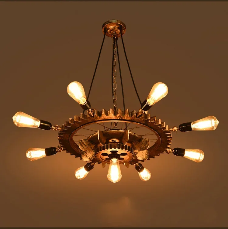 Multi-head compressed wooden gear chandelier Loft vintage wrought iron chandelier living room bedroom hotel cafe industrial wind