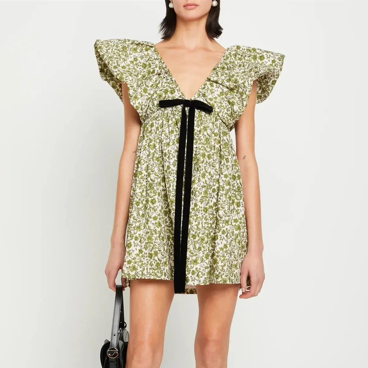 Y2k Vintage Summer Women Floral Print Mini Dress Boho V Neck Puff Sleeve Short Dress Bow Tie Flowy Dress Fashion Beach Sundress