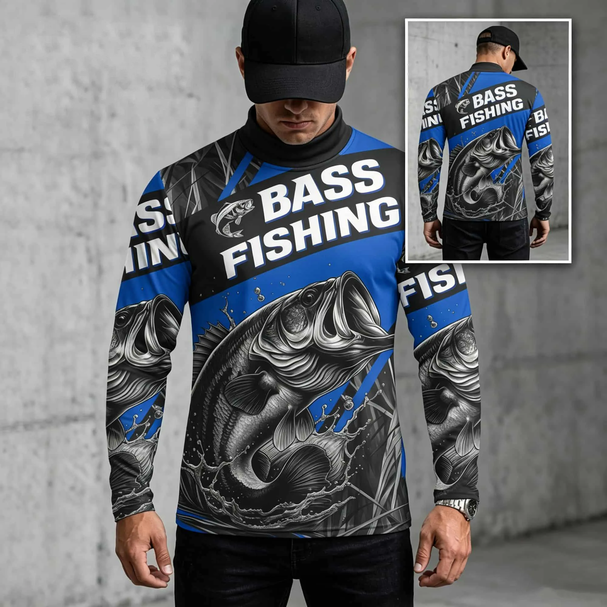 Men Mock Neck Long Sleeve Fishing Shirt Bass Fish Graphic Print Quick Dry Outdoor Angling Sport Tops