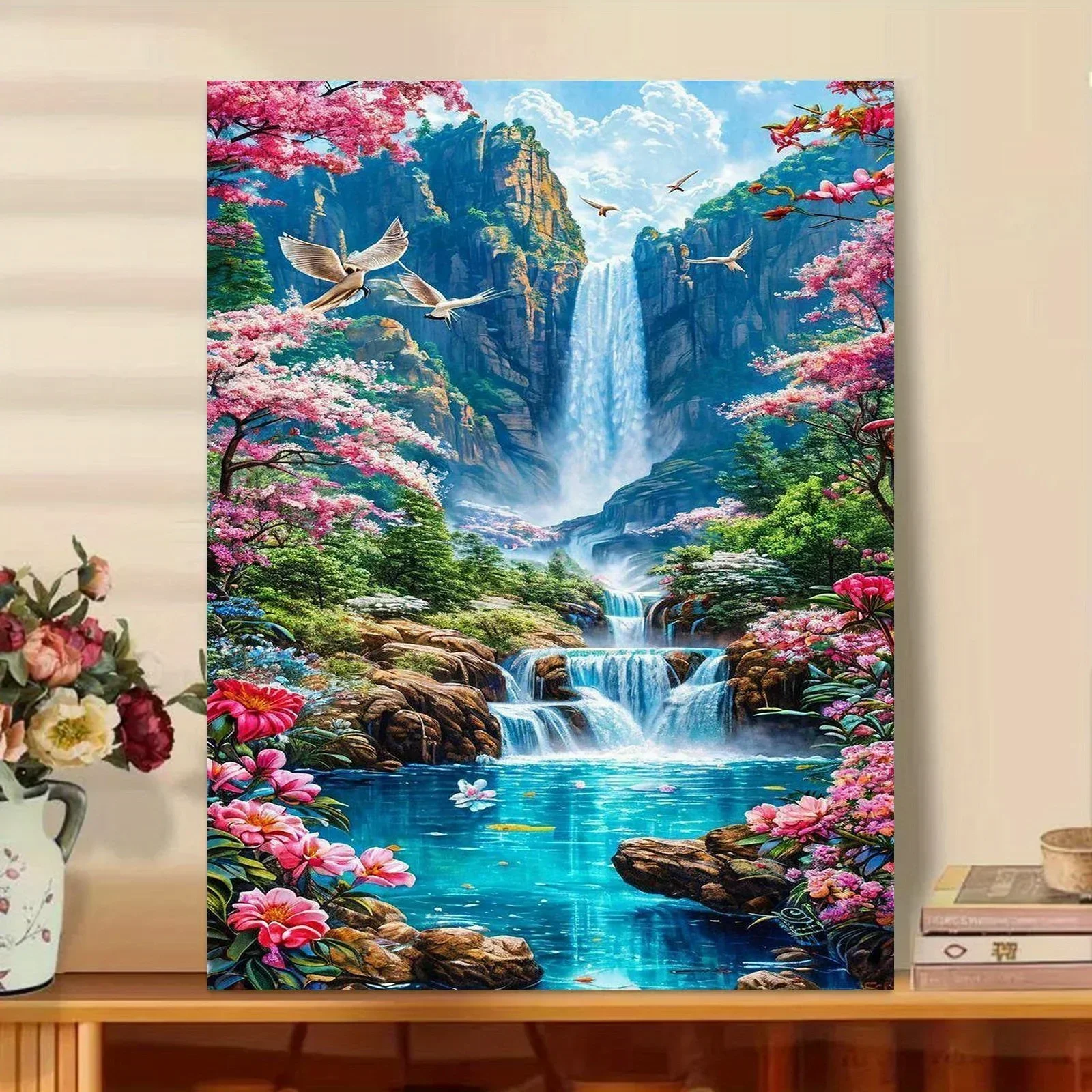 Professional Art Use A Frameless Digital Painting Kit Featuring Poetic Landscapes with Mountains, Flowers, And Waterfalls. The P