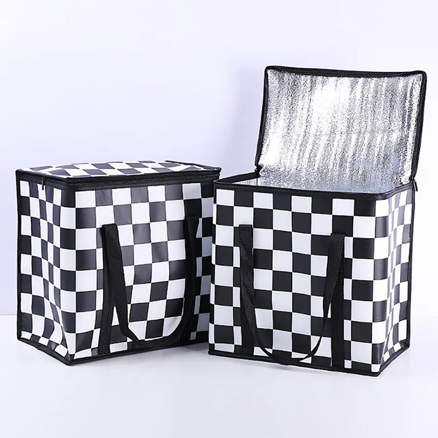 Retro checkered insulated bag, large-capacity heat-insulated storage bag, reusable , suitable for outdoor camping, picnics
