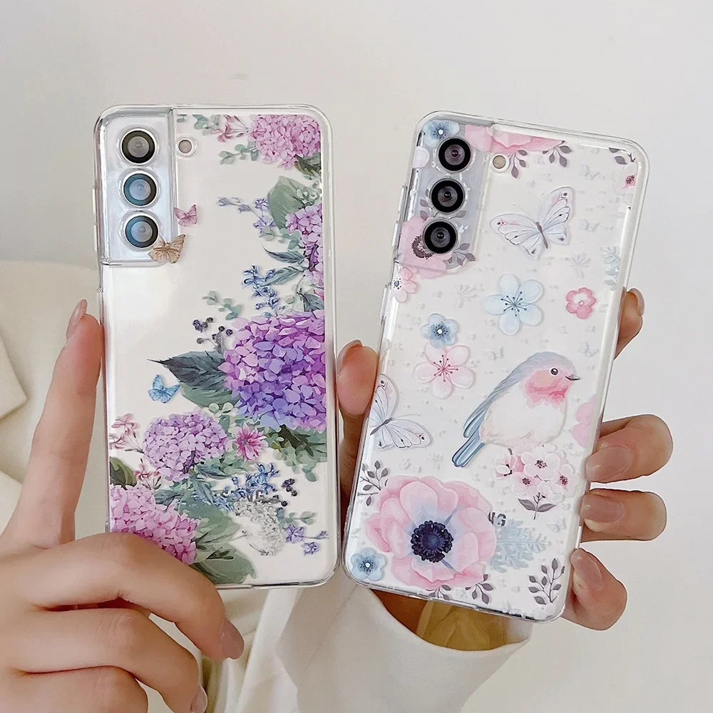 for Samsung Galaxy S24 S23 S22 S21 S20 Ultra Plus FE A54 A53 A73 A52S A33 A72 A13 Case Cute Floral Butterfly Full Camera Cover