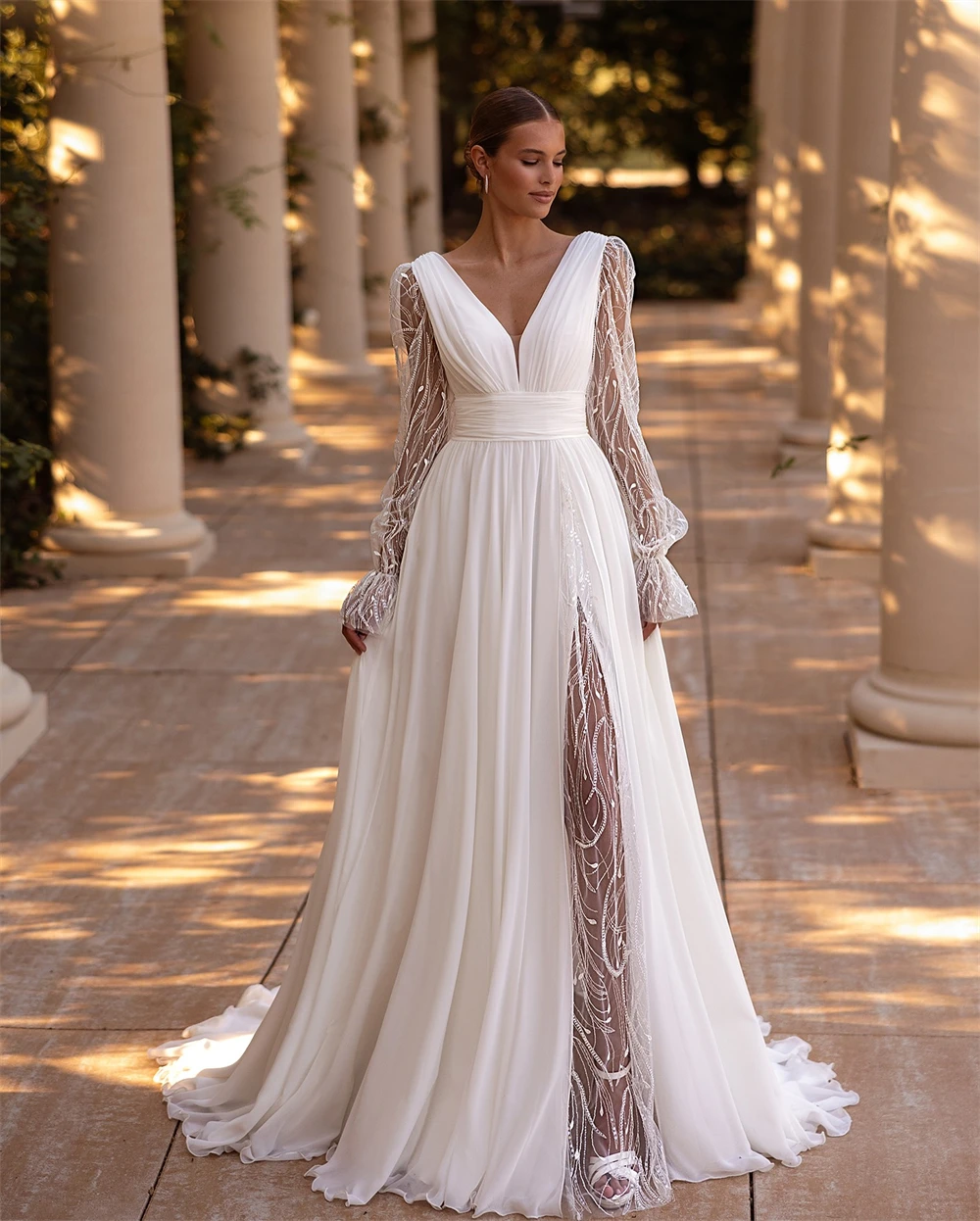 

Customized Elegant White Chiffon Wedding Dress Formal V-neck Long Sleeves Bridal Gowns Boho A-Line Court Train Vestido De Novia