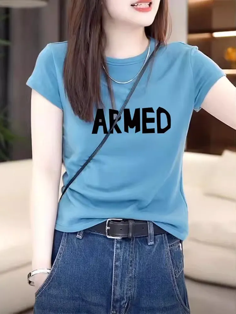 Slim Fit round Neck Short Sleeve T-Shirt Women's Summer New Style Fashionable White Enhancing Korean Version Printed Top