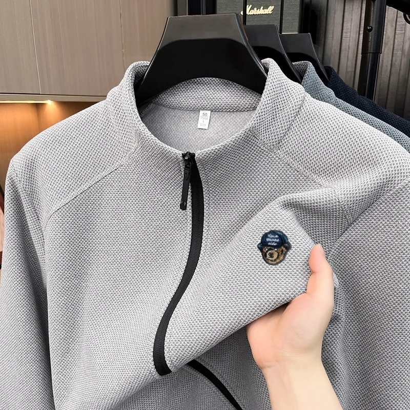 Men's Autumn New Fashion Embroidery Stand Collar Zip Jacket Windproof Warm Solid Color Long Sleeve Tops Business Men's Clothing