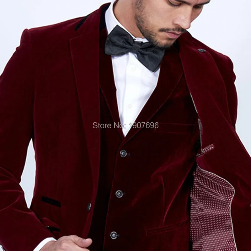 Burgundy Velvet Men Suits Slim Fit for Wedding 3 Piece American Style Prom Groom Tuxedos Fashion Smoking Jacket with Pants Vest