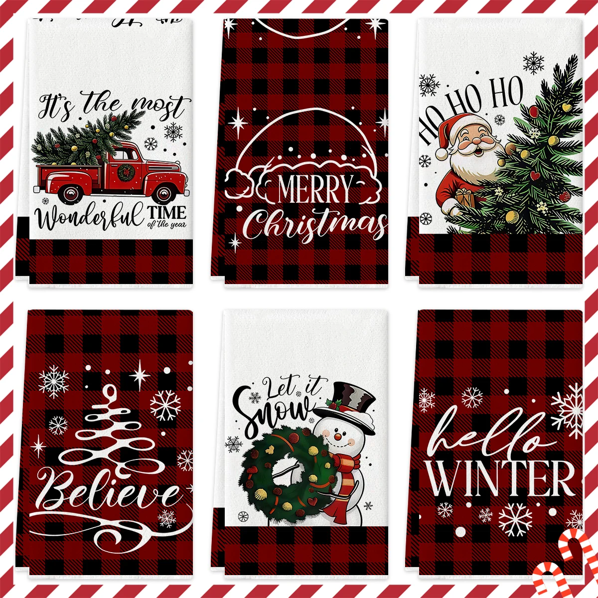 4/6 pieces Christmas Buffalo Plaid Santa Kitchen Towels, Soft and Comfortable Winter Hand Towels, Home Decor Dishwashing Cloths,