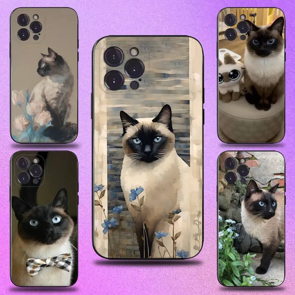 

S-Siamese Cats Cute Phone Case For iPhone 17,16,15,14,13,12,Pro,Max,Plus,E,SE4,Air,Mini Black Soft Cover