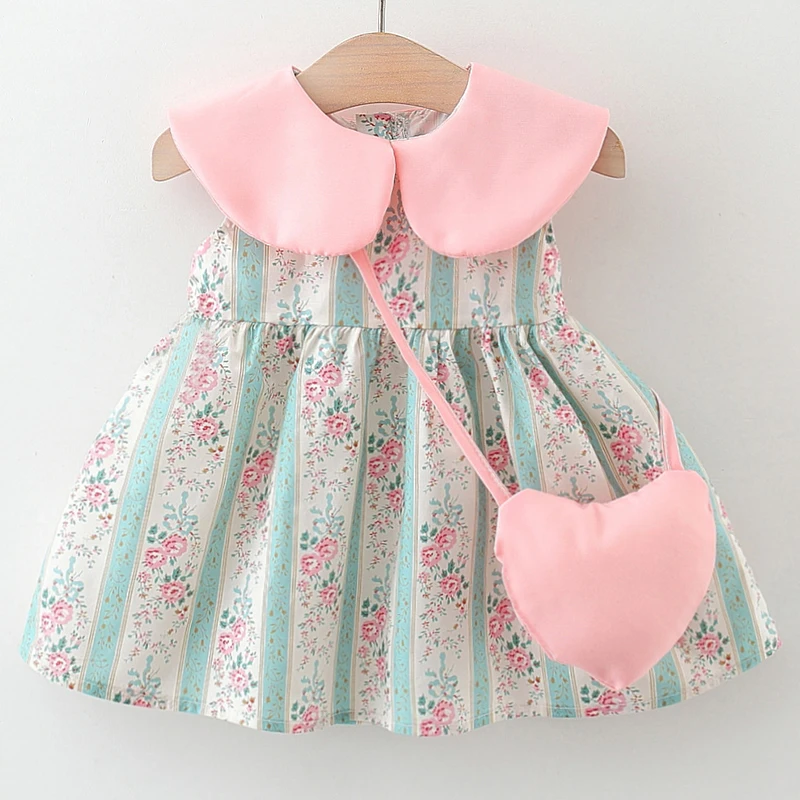 2Piece Sets Summer Newborn Girls Clothes Korean Cute Flowers Doll Collar Sleeveless Cotton Baby Dresses+Bag Toddler Dress BC307