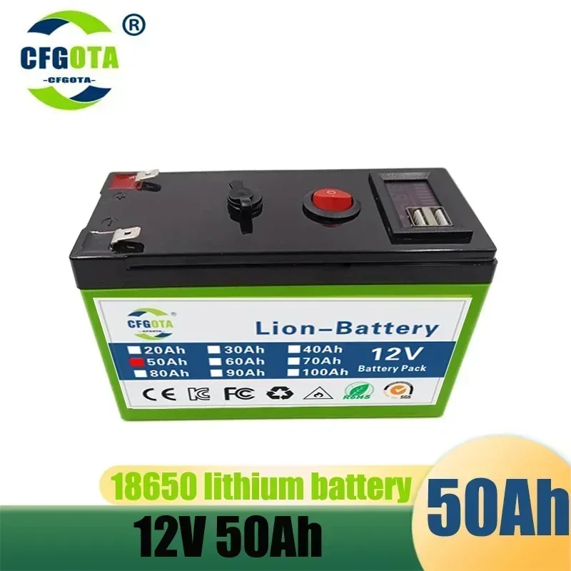 12V Battery 50Ah 18650 lithium battery pack Rechargeable battery for solar energy electric vehicle battery+12.6v3A charger