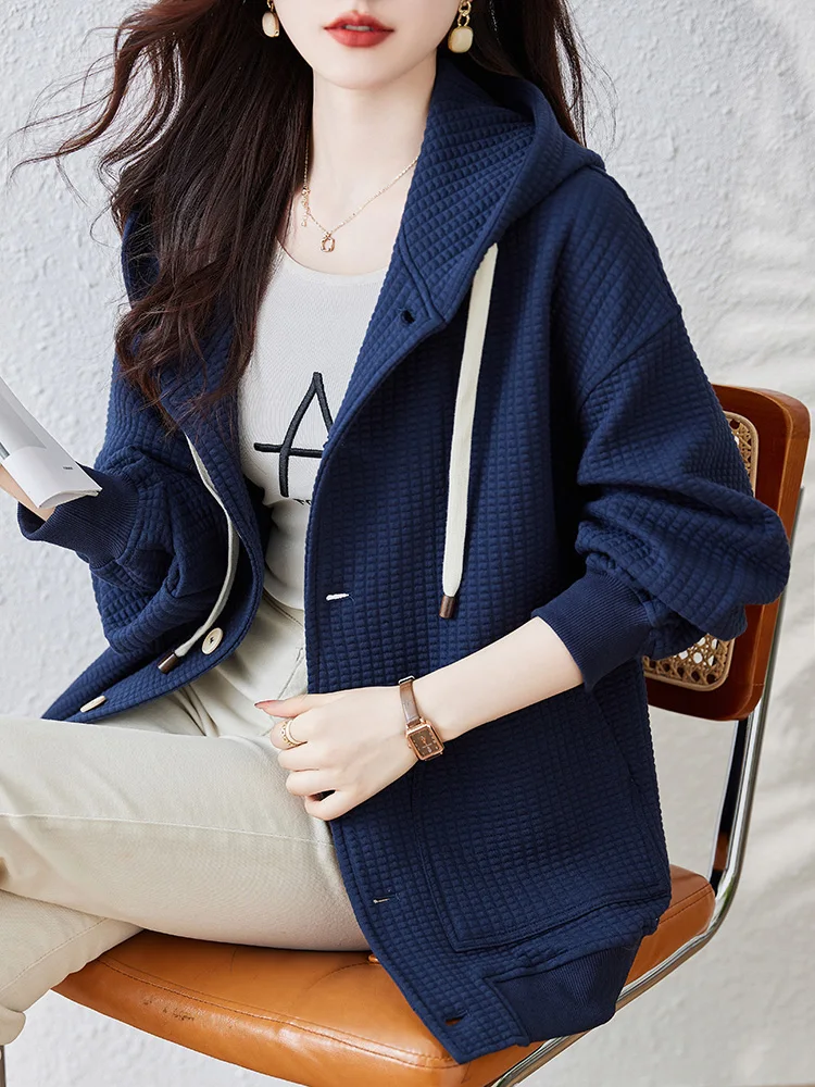 

Waffle Pattern Hoodies Long Sleeve Single-Breasted Cardigans Loose Casual Oversized Sweatshirts Women 2025 New Hoodie Tops