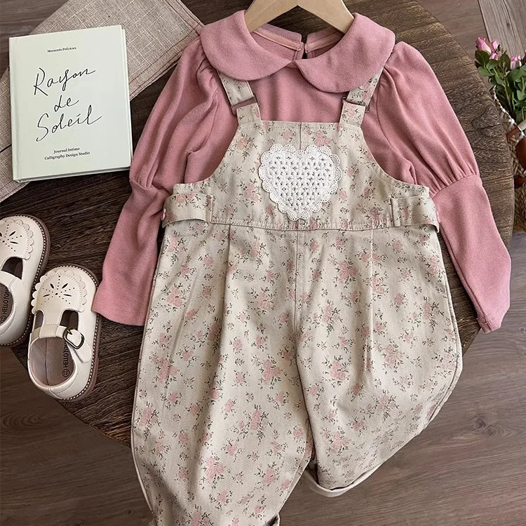 Autumn Children Girl 2PCS Clothes Set Cotton Solid Peter Pan Collar Undershirt Outfit Floral Printed Love Patched Overalls Suits