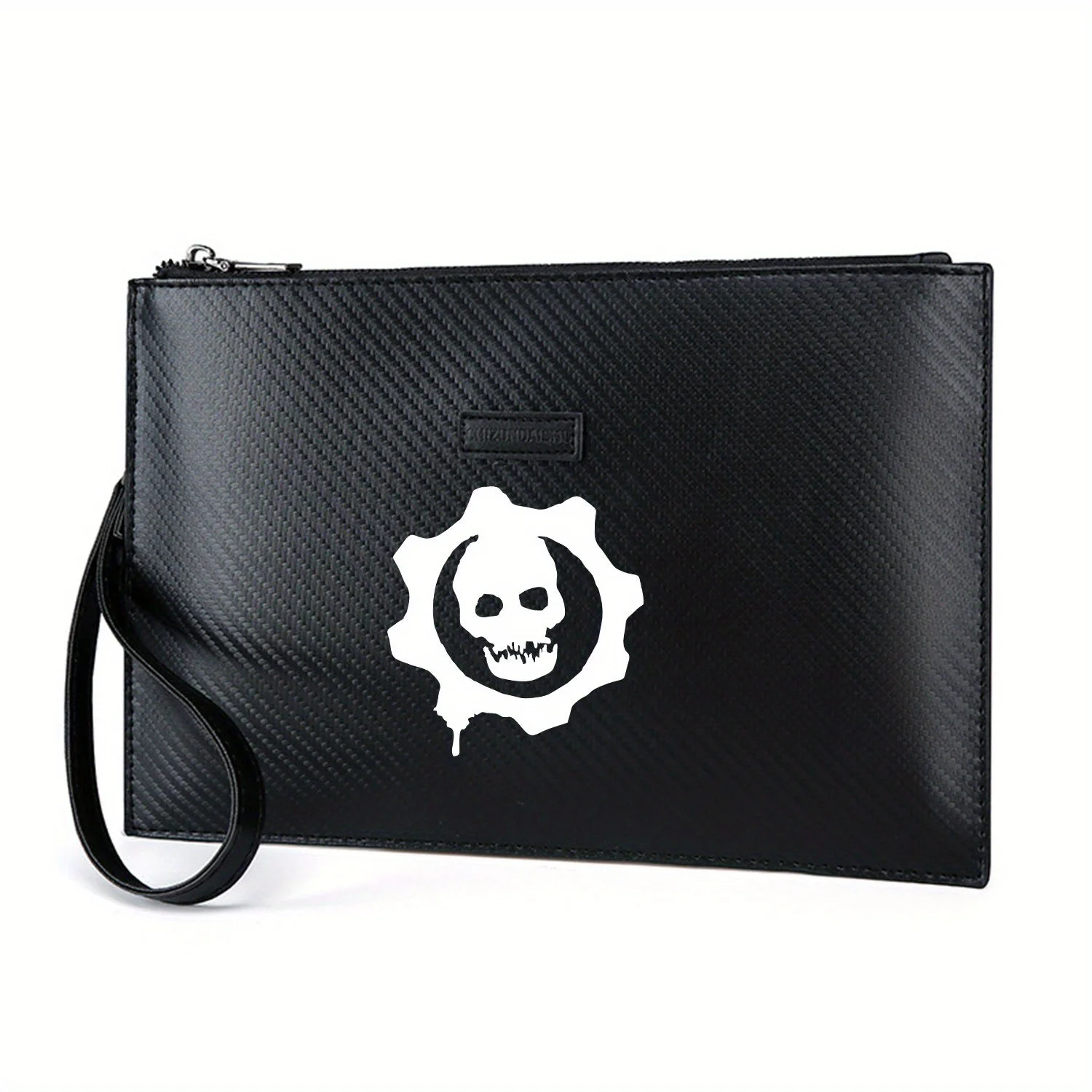 ギアロゴの内側にスカルが描かれています エレガントなプリントのPUメンズハンドバッグ 日常持ち運びにファッショナブルで実用的です