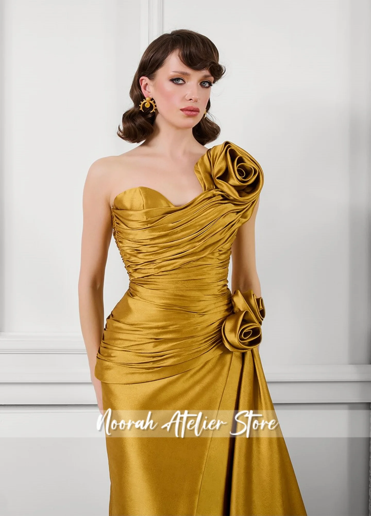 New Yellow One Shoulder Peplum Satin Flower Luxury High Quality Women Slit Evening Dress 2025 Wedding Long Party Gown Customized